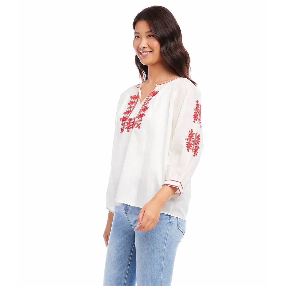 NEW KAREN KANE catrina three-quarter sleeve embroidered top in cream/ red - Picture 4 of 5
